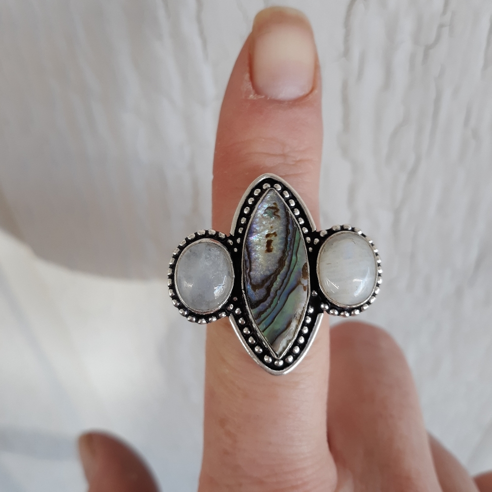 New Rainbow Moonstone & Abalone 925 Silver Ring.